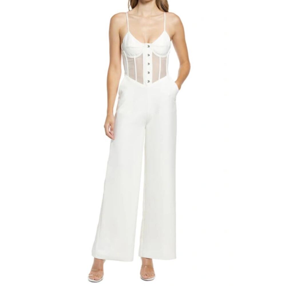 Lavish Alice Corset Mesh Bodice Jumpsuit 8 White Wide Leg Bridal Party